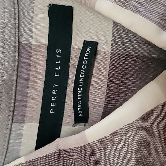 Perry Ellis Xl Gray Plaid Linen  Shirt - Picture 2 of 6